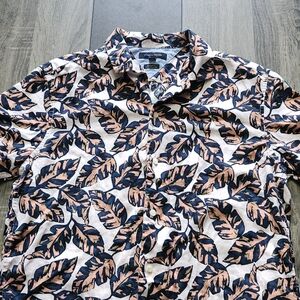Tommy Hilfiger Navy & Tan Leaf-Print Short Sleeve Button-Down